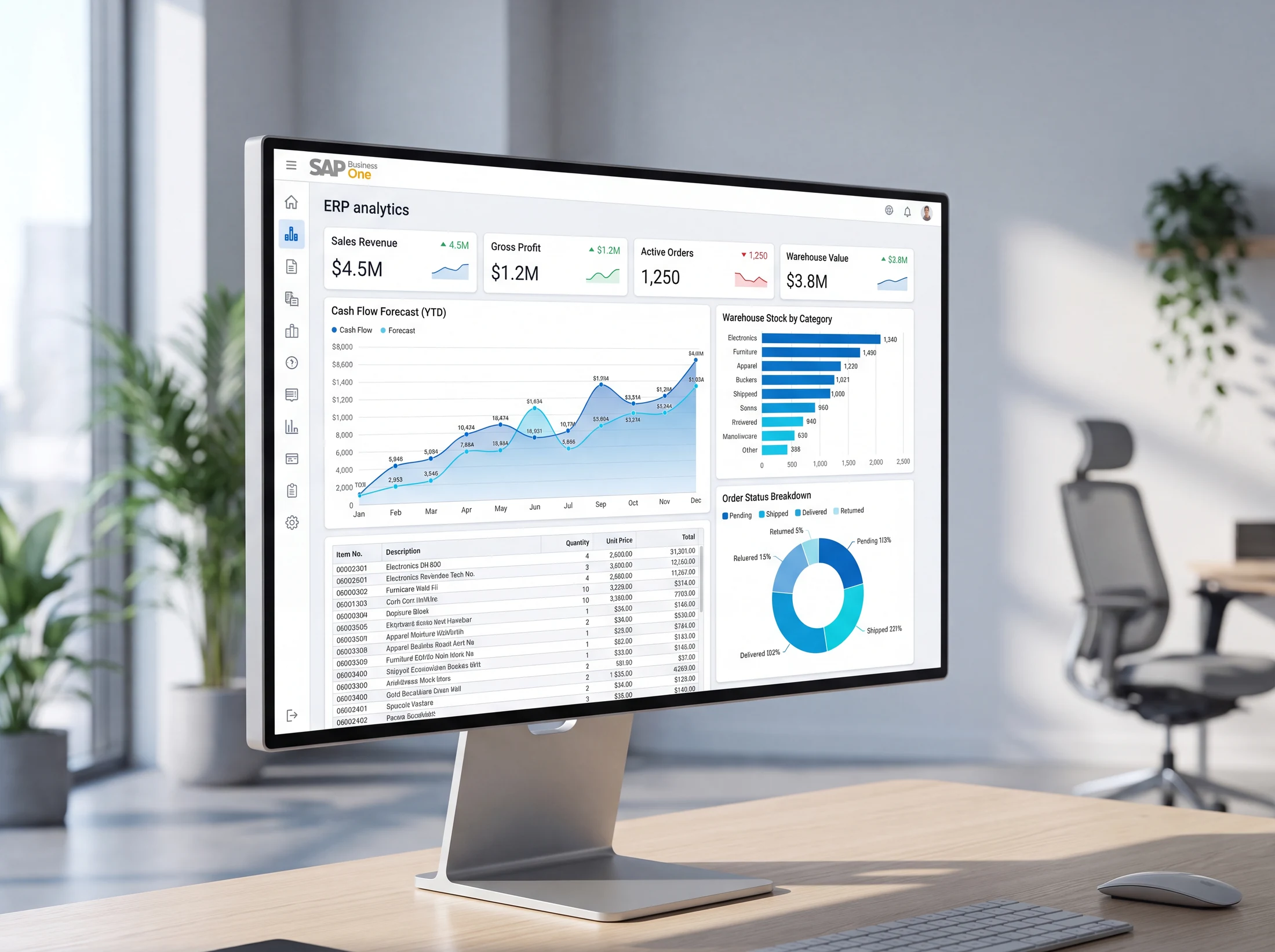 SAP Business One dashbordi: tushum, pul oqimi, ombor qoldiqlari va buyurtma holatlari
